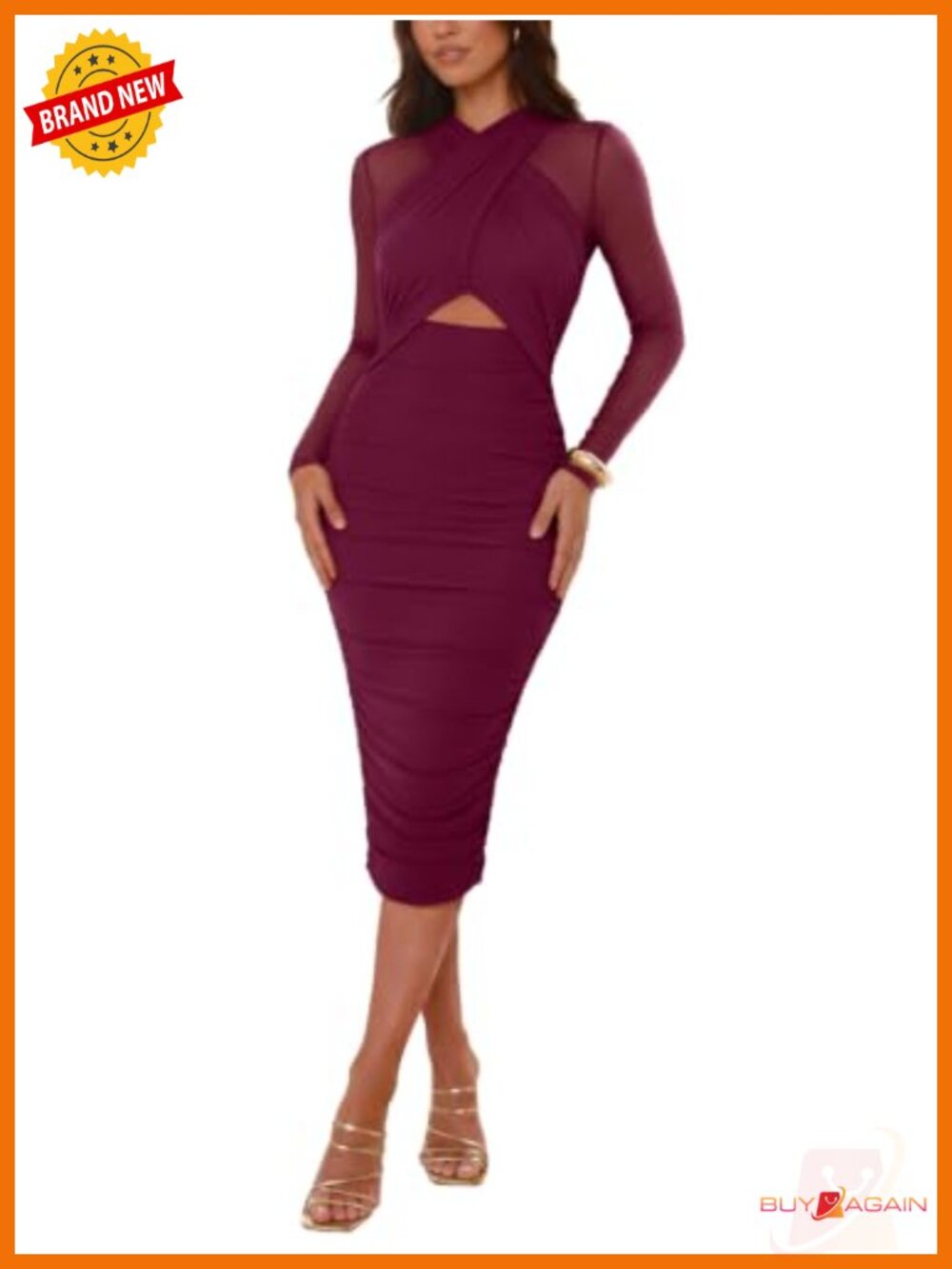Women's Midi Bodycon Dress Long Sleeve Mesh Sheer Ruched Club Night Out